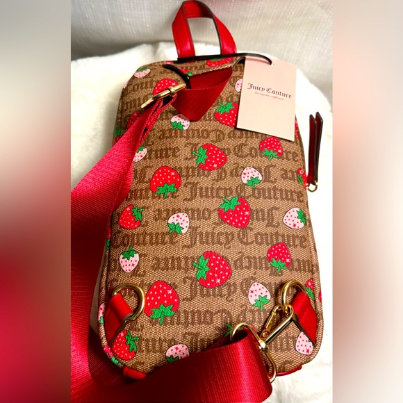 NEW Juicy Couture Brown Red Strawberry Sling Backpack - Picture 7 of 8